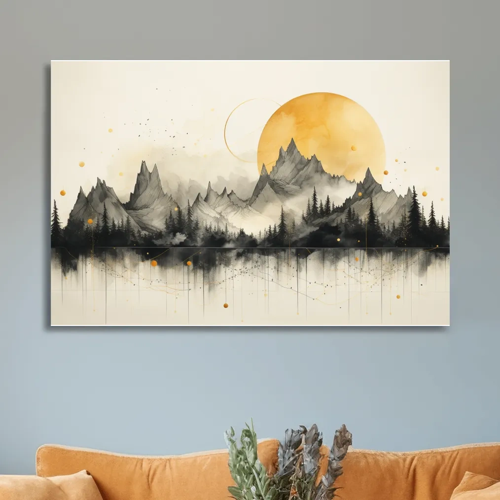 Drawing of jagged mountain peaks under the sun