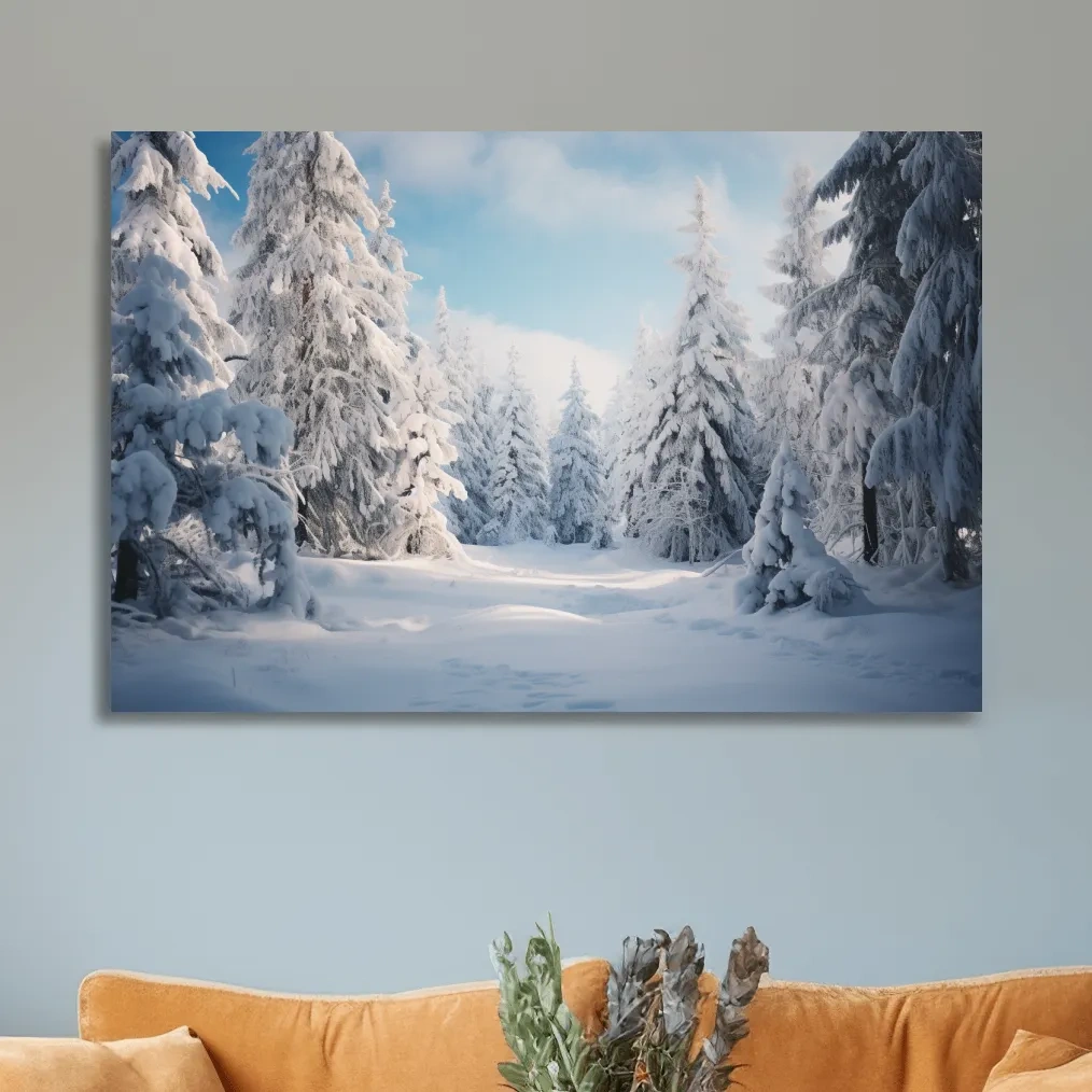 Photographic art, snow covered hemlock trees