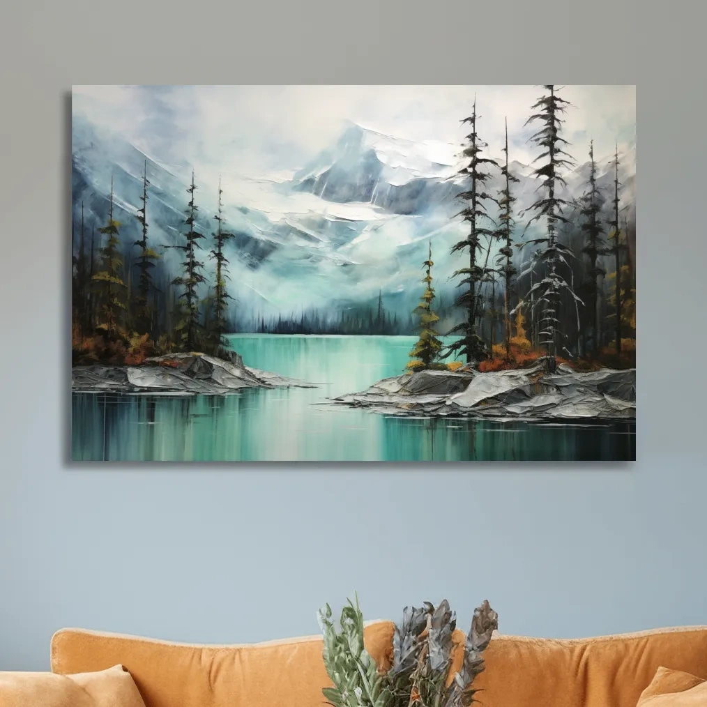 Painting of a turquoise lake in the alpine