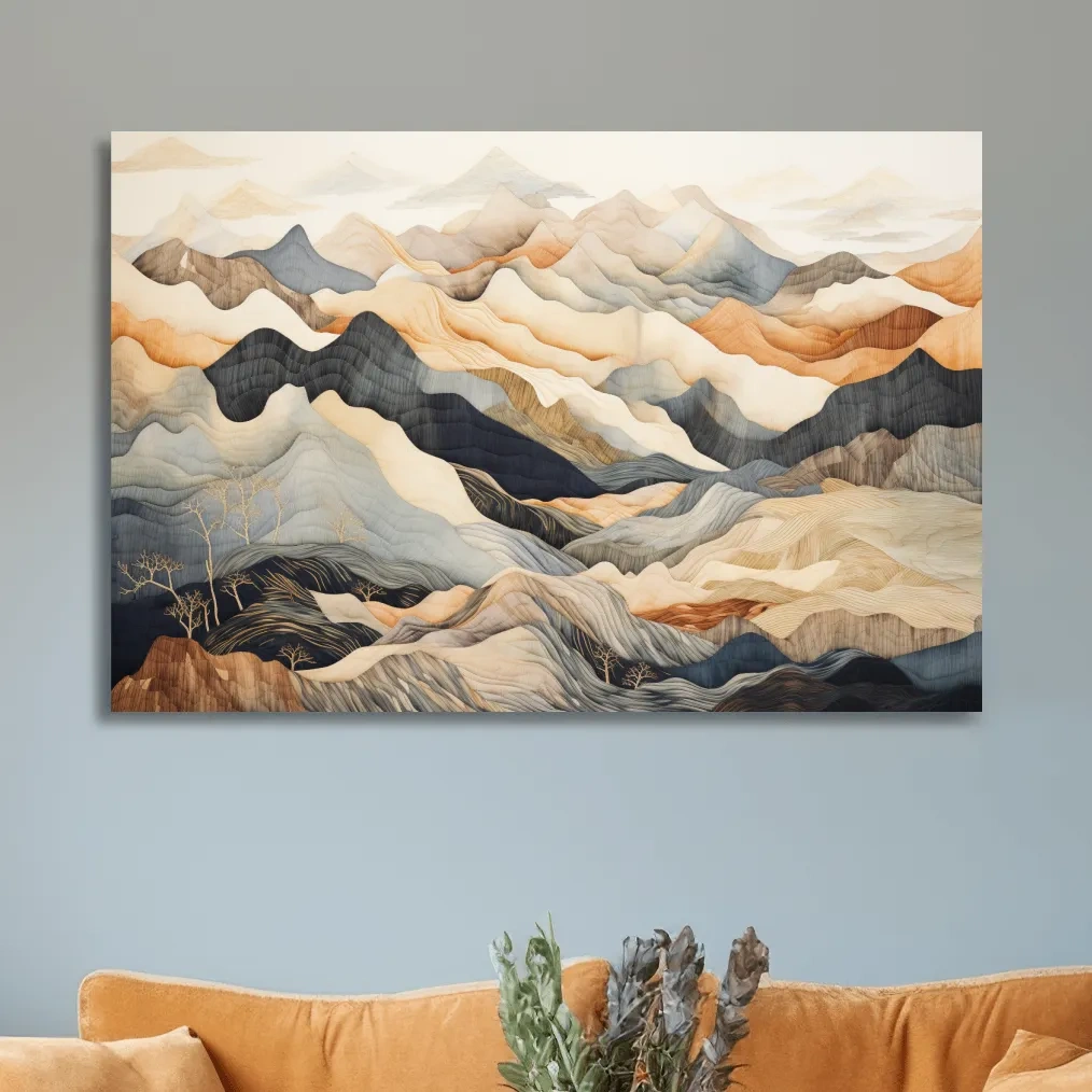 Tapestry style earthy coloured mountain artwork