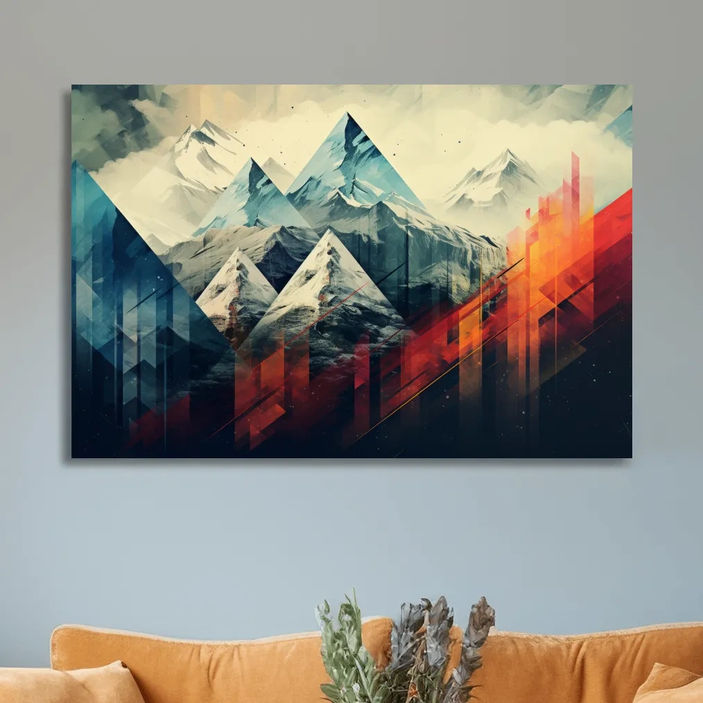 Colourful mountain art, bold geometric shapes