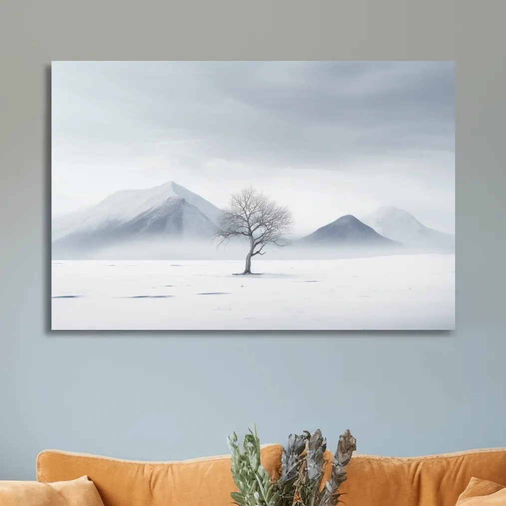 Minimal art, painting of a tree in the snow
