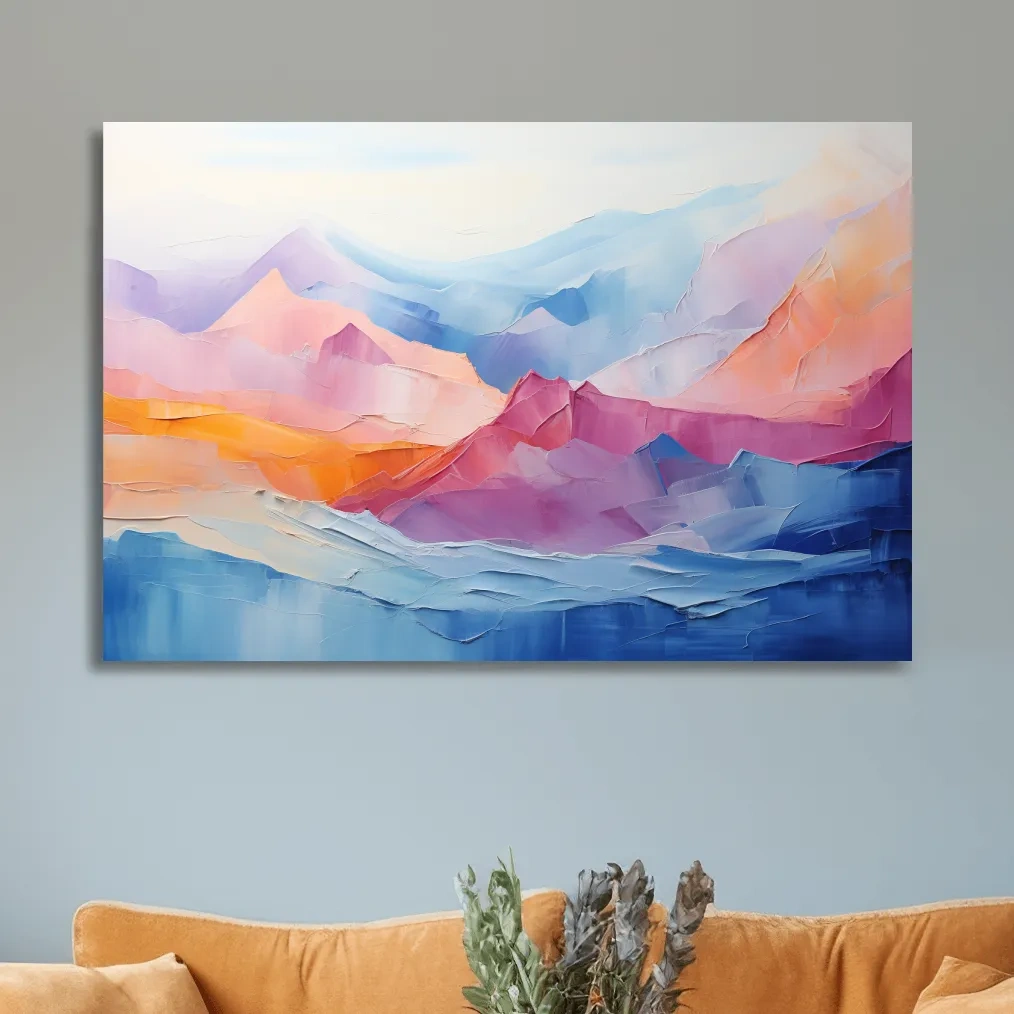 Abstract colourful oil painting representing mountains, canvas wall art