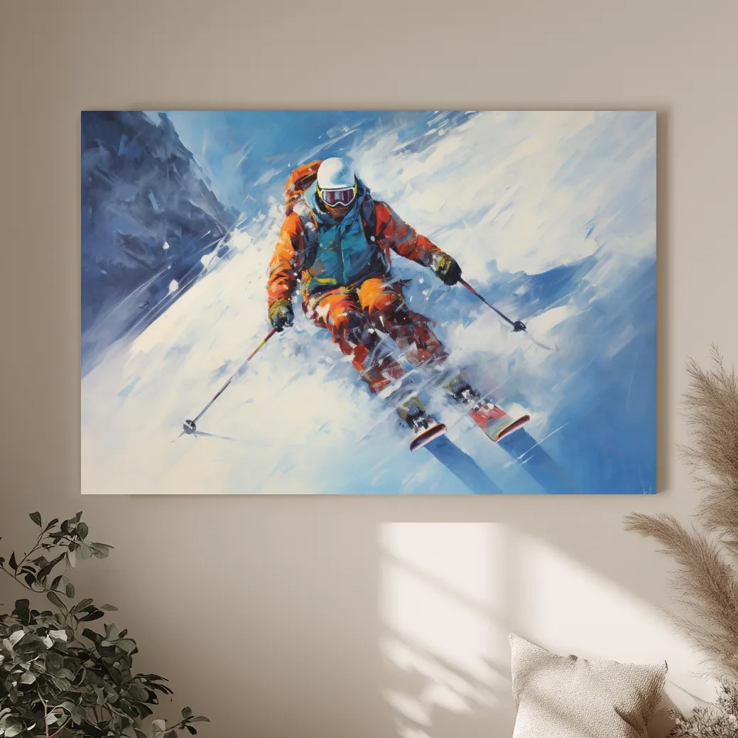 Dynamic Downhill Skier Painting - Snowy Alpine Adventure Wall Art