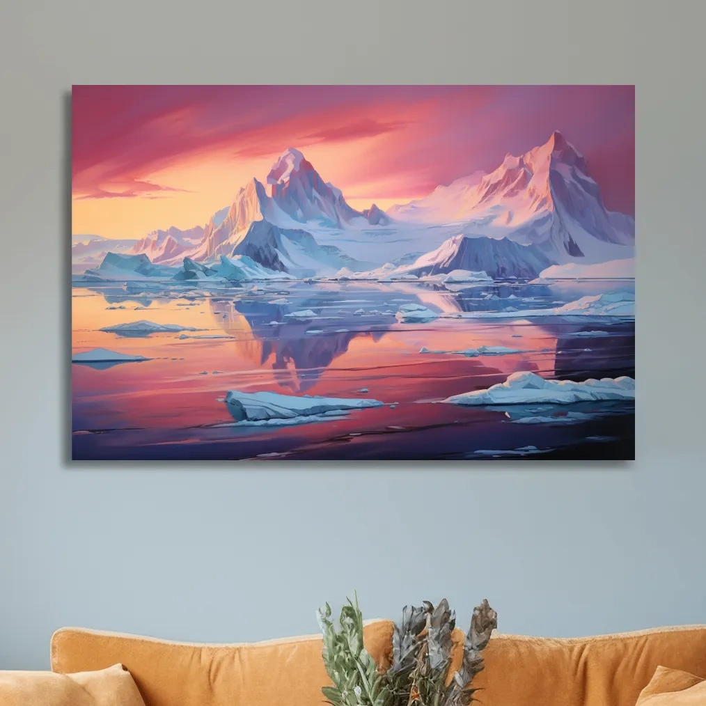 Painting of a sunset over the antarctic glacier