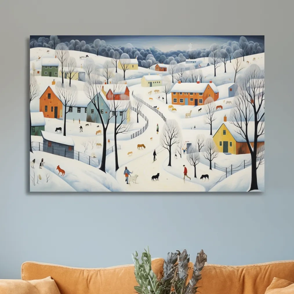 Quirky painting of a mountain village in the snow
