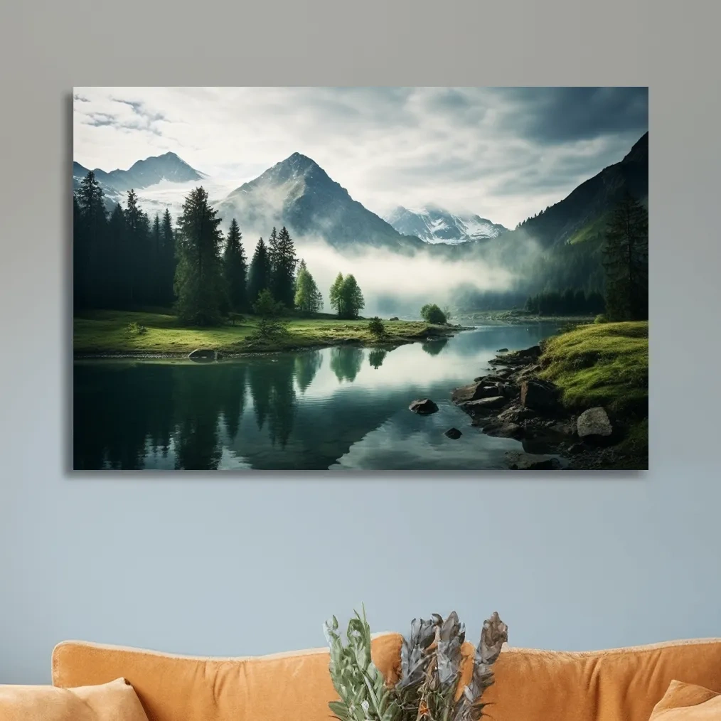 Misty Alpine Lake Reflection Landscape - Mountain Forest Photographic Wall Art