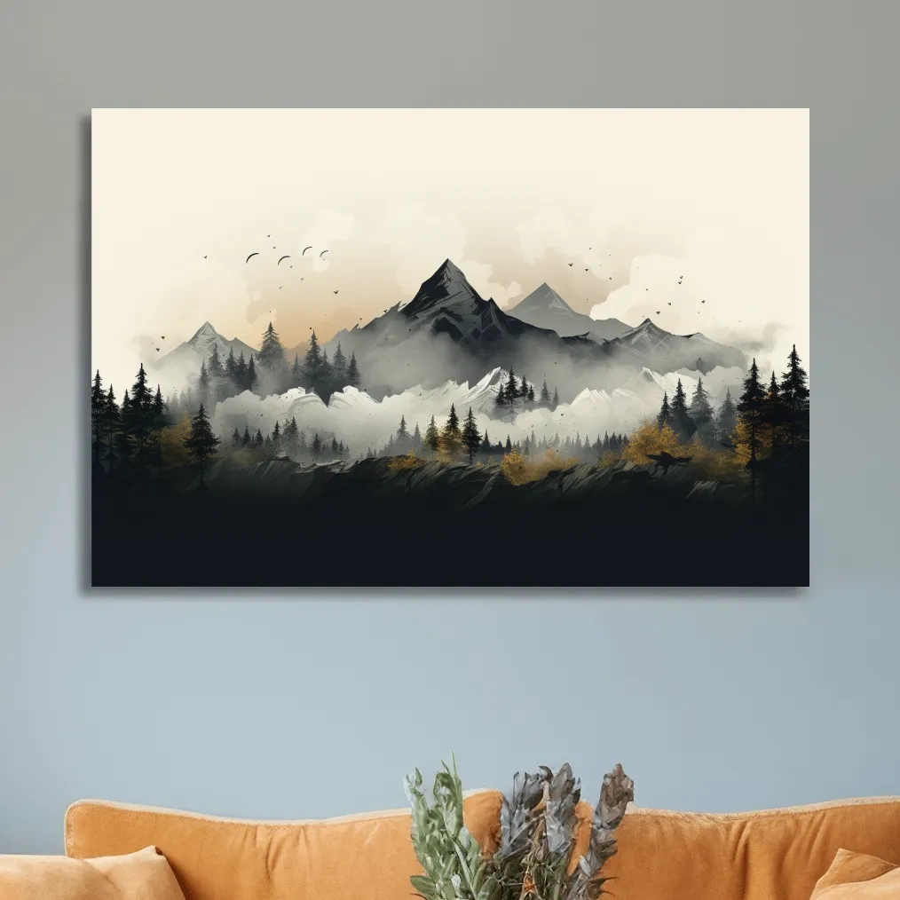 Misty Mountain Range With Pine Forest Illustration - Moody Landscape Wall Art
