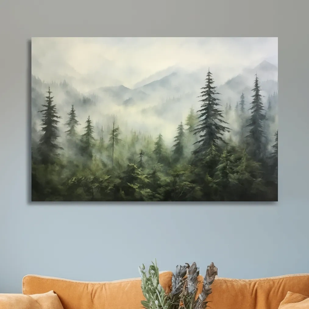 Painting of fog rolling through the trees and mountains