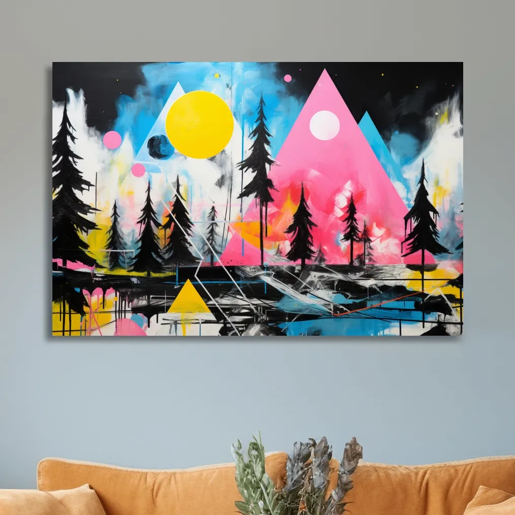 Neon Geometric Mountain Forest Painting - Vibrant Abstract Wall Art