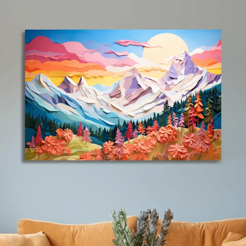 Paper cutout style art of alpine flowers at sunset