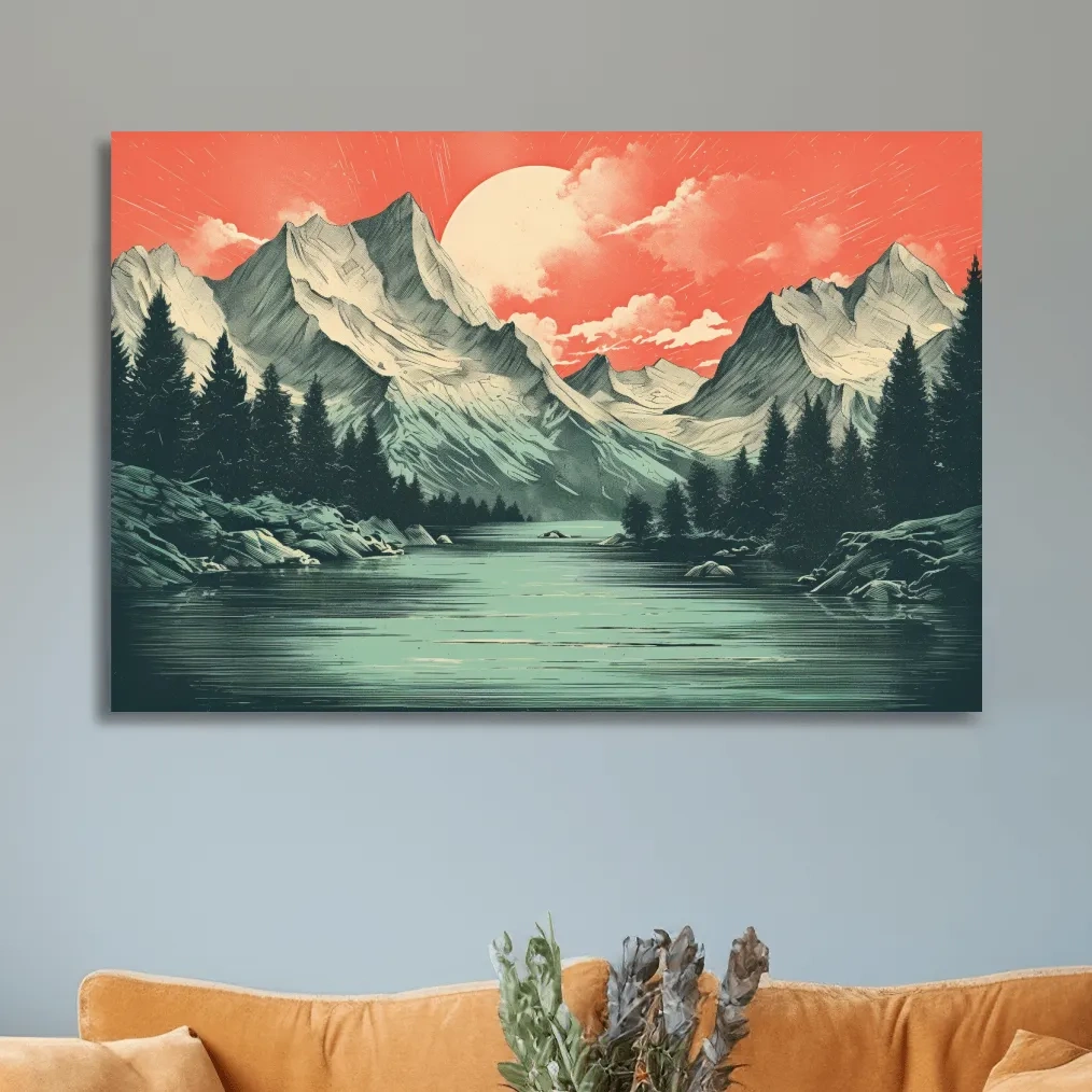 Risograph style illustration of an alpine lake at sunset