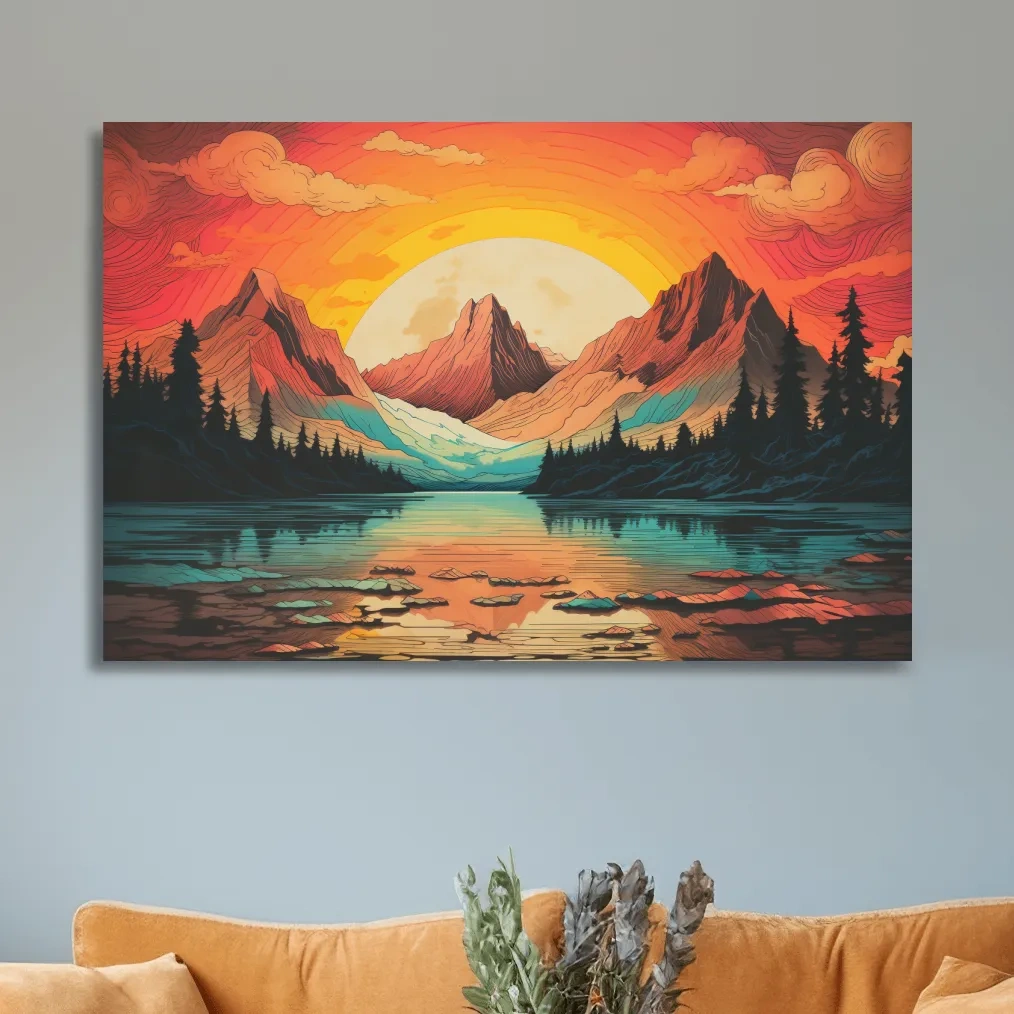 Vibrant Retro Alpine Lake Sunset - Stylized Mountain Wall Art