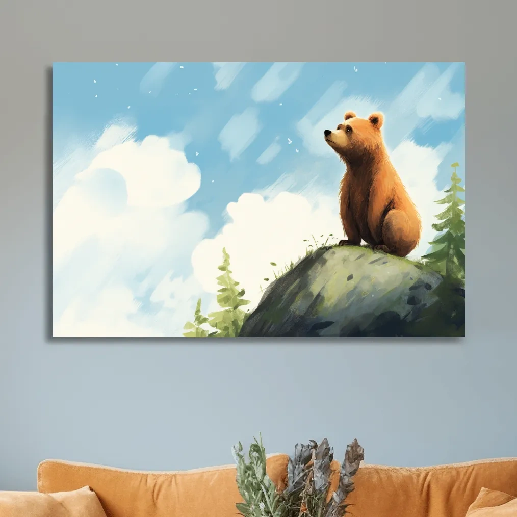 Whimsical Bear Cub On Rocky Peak - Nursery Wildlife Wall Art
