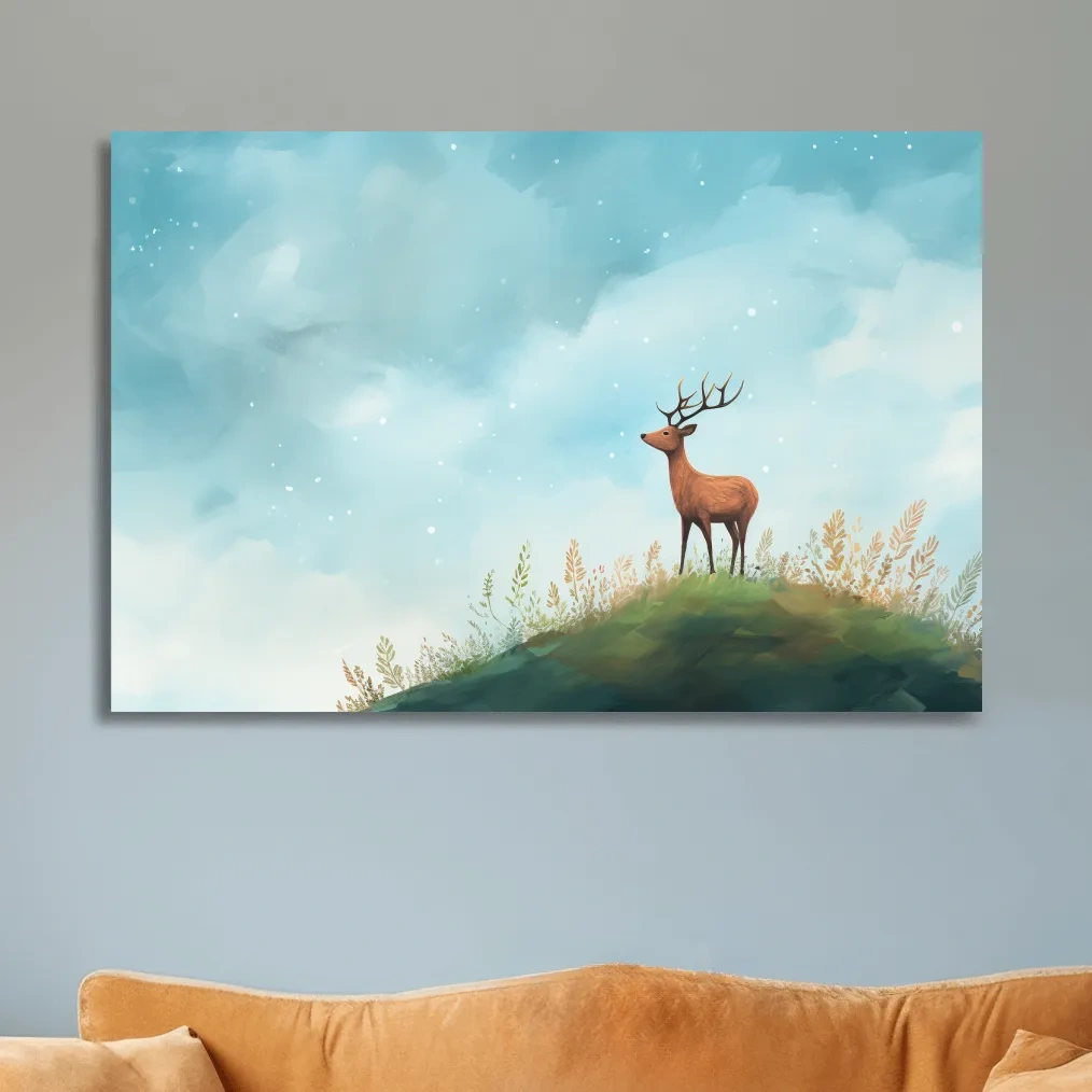 Whimsical Watercolor Stag On Meadow Hill - Nursery Woodland Wildlife Wall Art