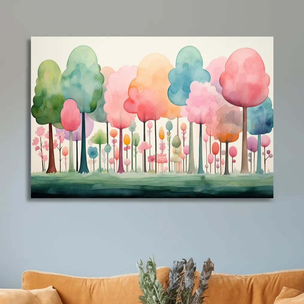 Watercolour painting of a dreamy colourful forest