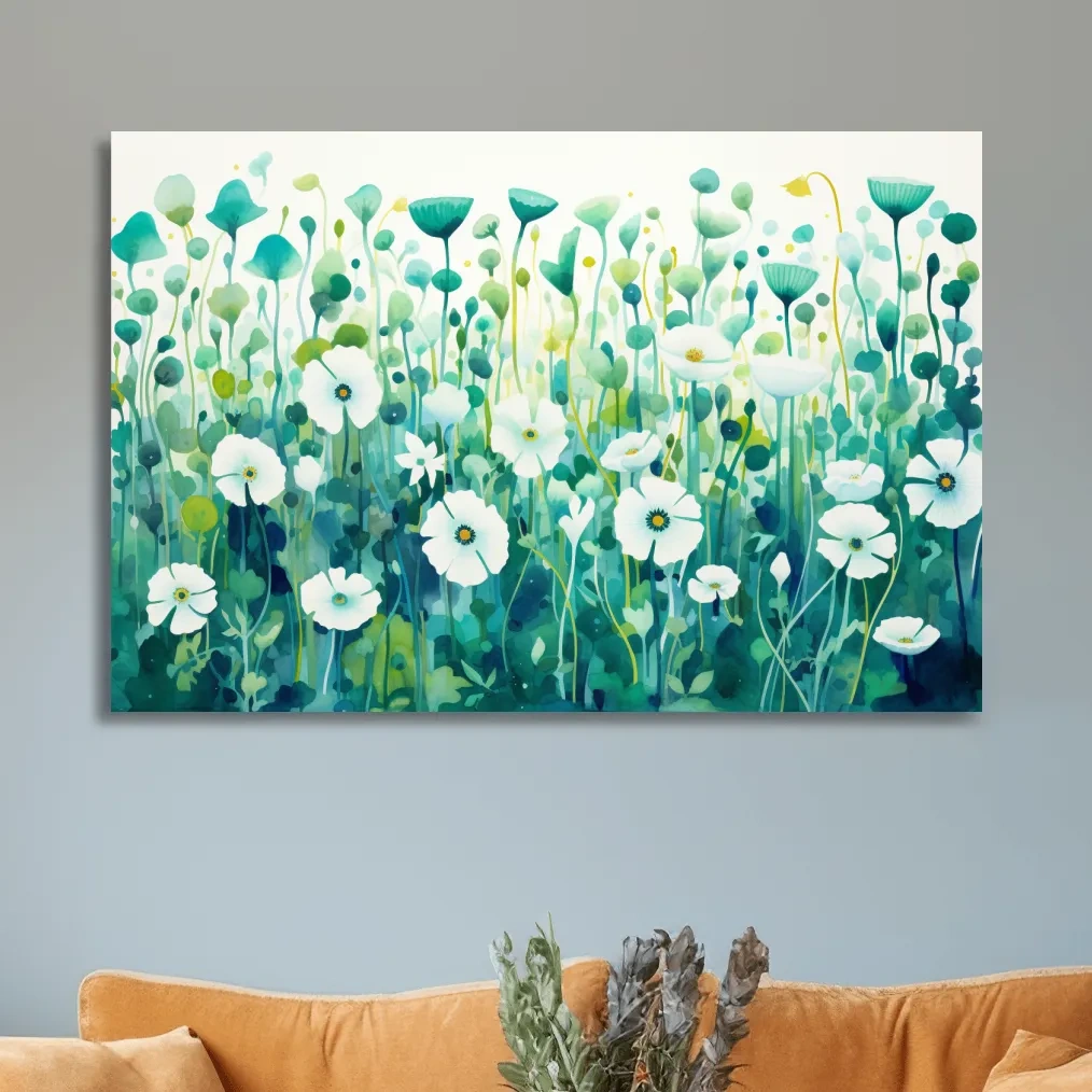 Painting of green flower patterns, colorful floral wall art