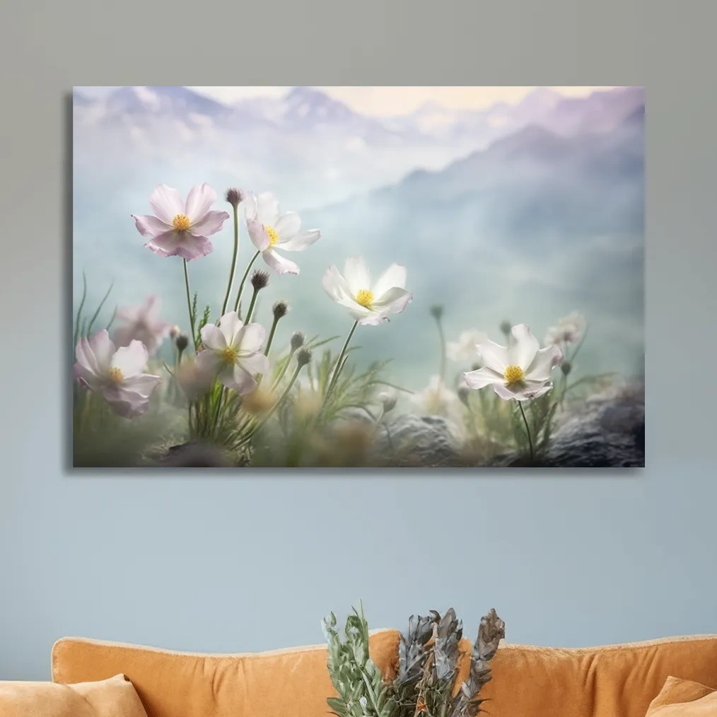 Photographic art of alpine wildflowers in the meadows, floral artwork