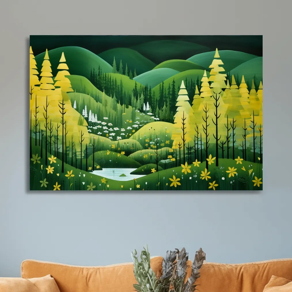 Painting of a pine autumn forest and rolling green hills
