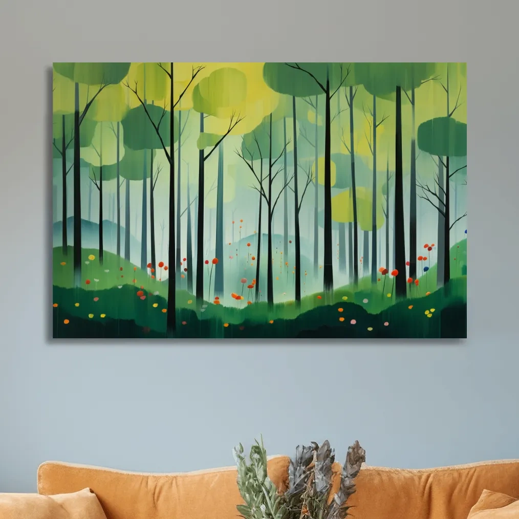 Whimsical Misty Forest Grove Illustration - Woodland Landscape Wall Art