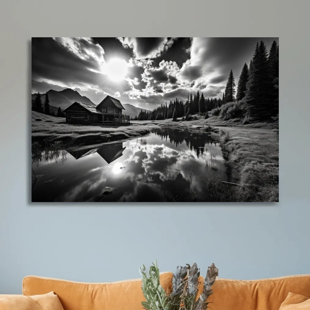 Moody Black And White Mountain Cabin Reflection - Dramatic Alpine Landscape Photography Wall Art