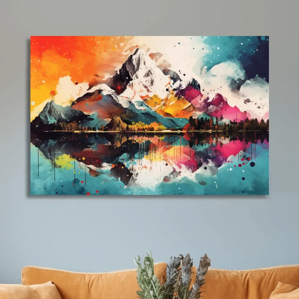 Vibrant Abstract Mountain Lake Collage Artwork - Colorful Watercolor Splash Wall Art