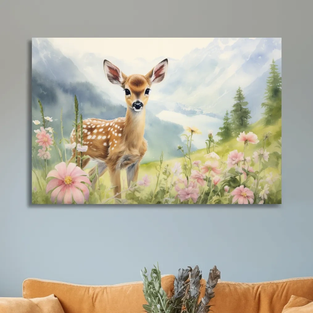 Painting of a deer fawn in the alpine meadows