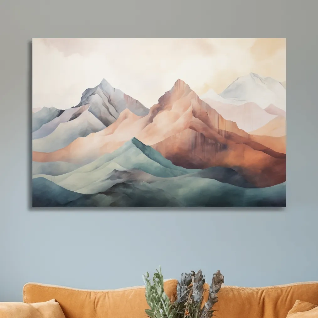 Subtle pastel mountain painting artwork on canvas