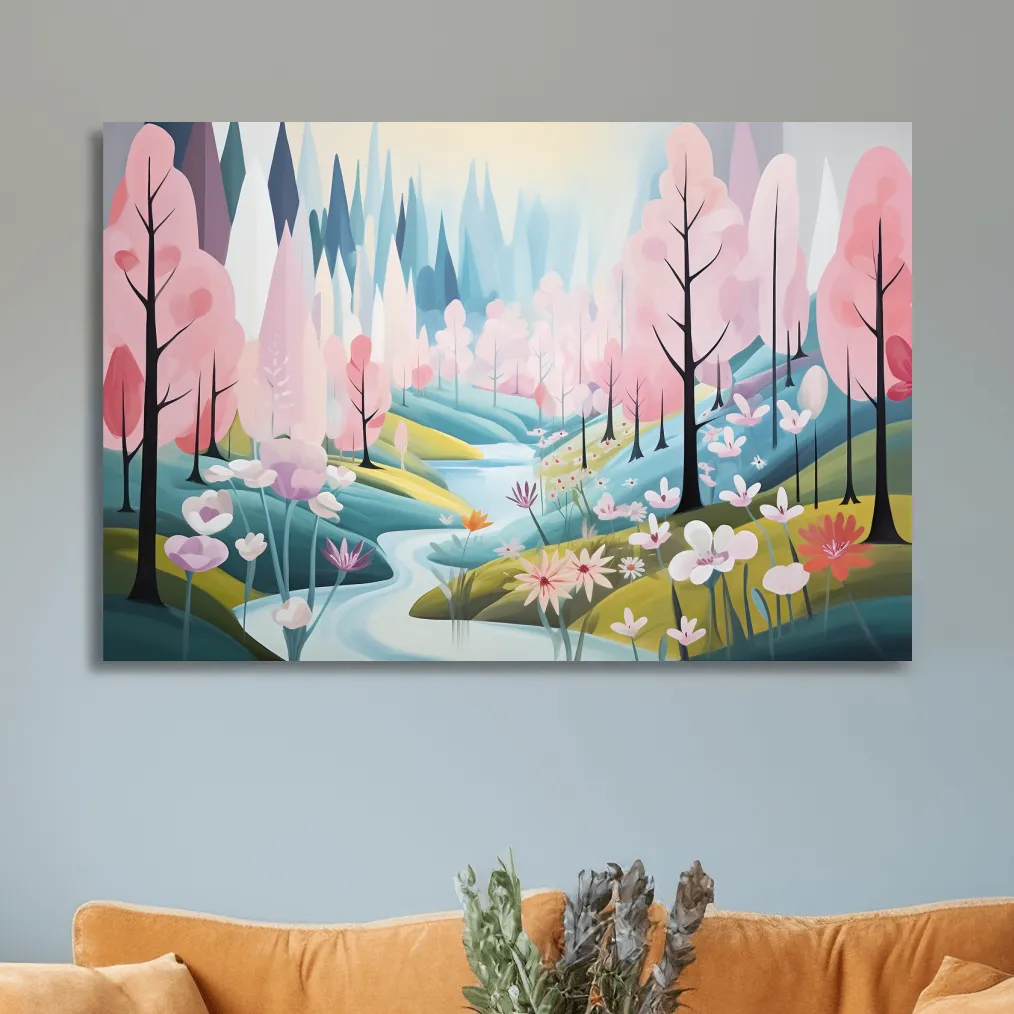 Dreamy painting of a pink blossom forest