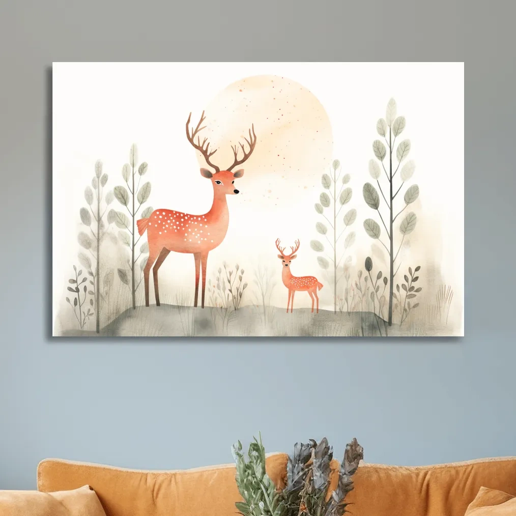 Storybook childrens illustration art, cute deer family in the forest, nursery wall art