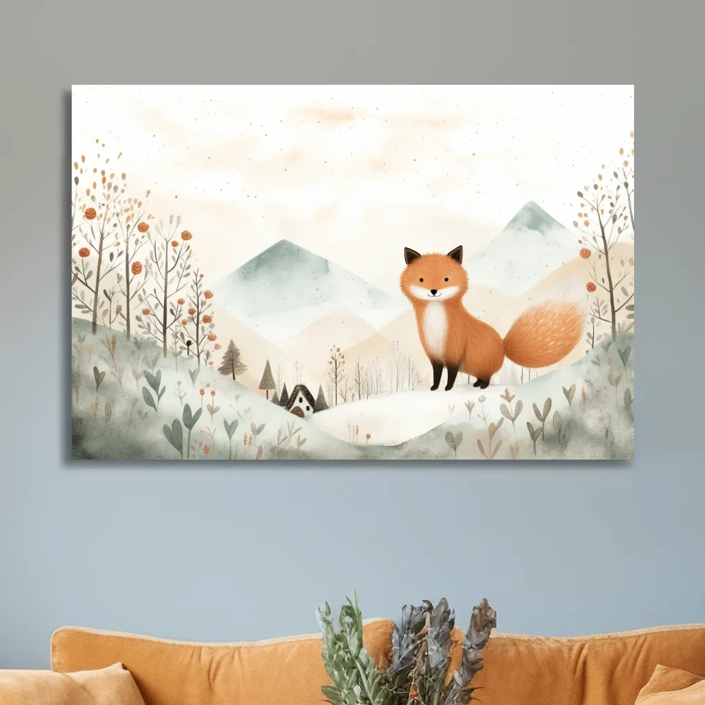 Whimsical Watercolor Fox In Pastel Mountains - Cute Nursery Animal Wall Art