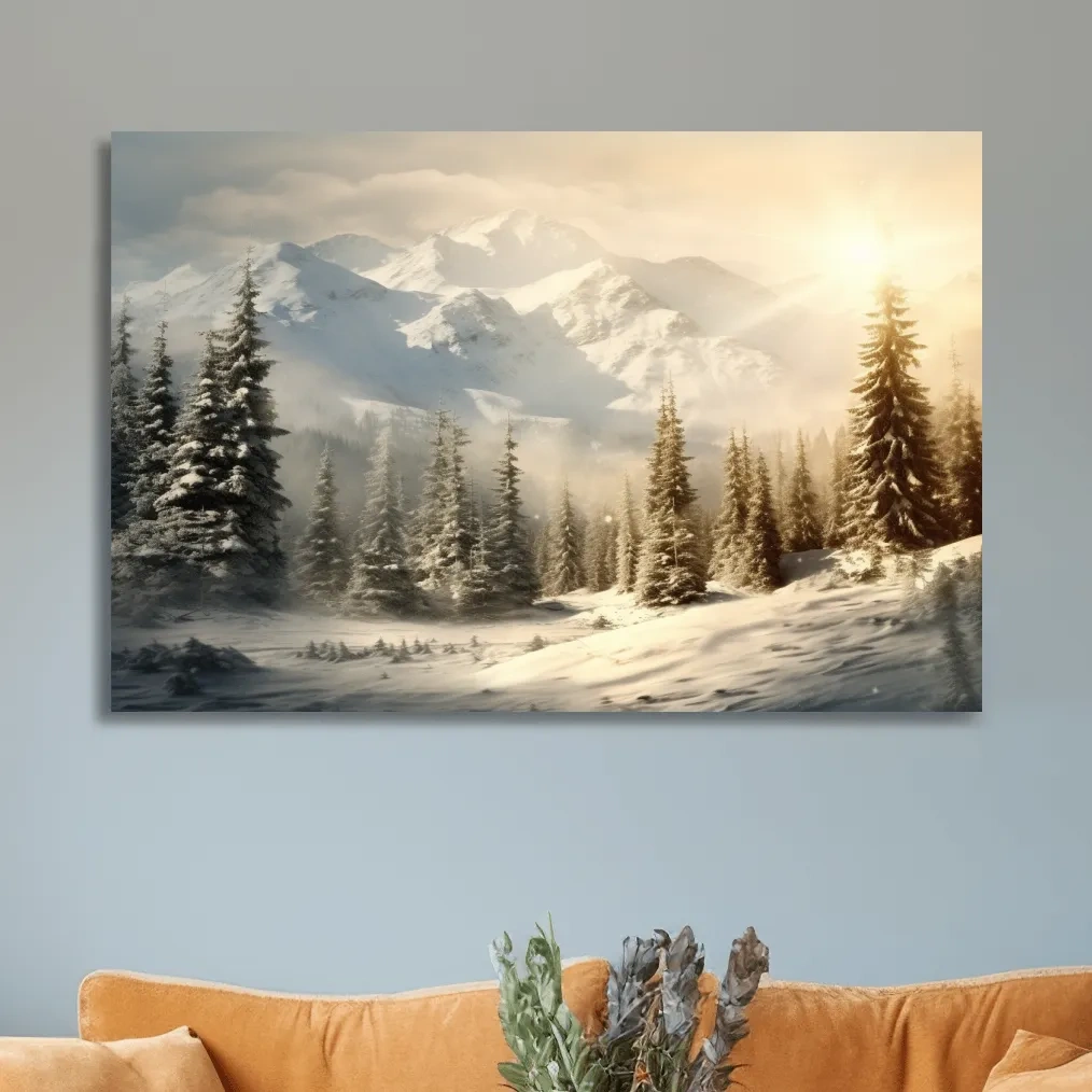 Snow covered mountains at sunrise, realistic painting