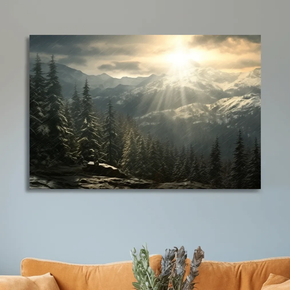 Sunset snowstorm, realistic snow mountain painting