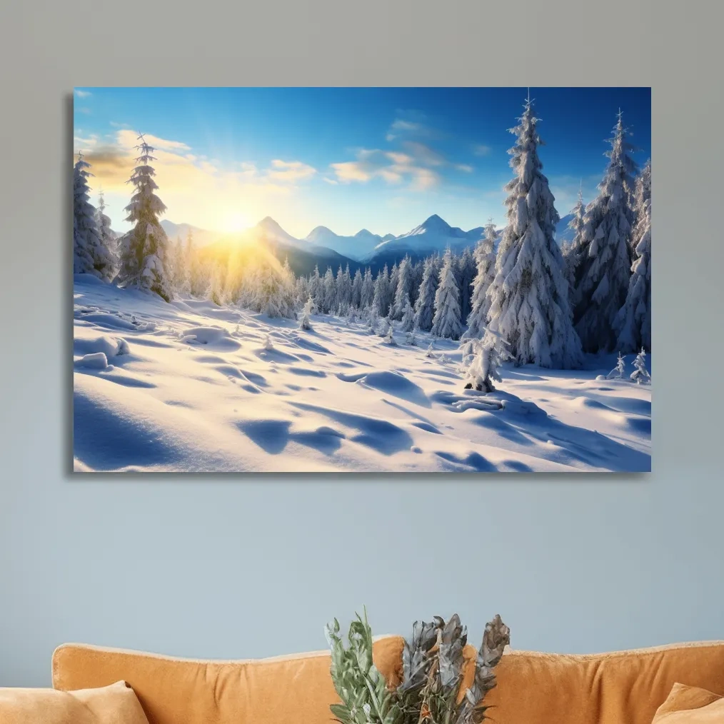 Snowy Sunrise Alpine Forest Landscape - Serene Photographic Nature Wall Art