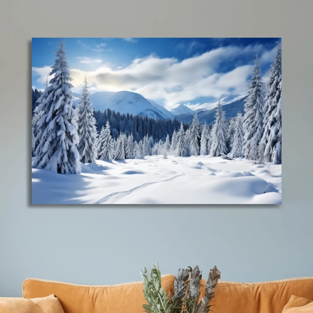 Skin tracks in the alpine, snow covered forest photograph art