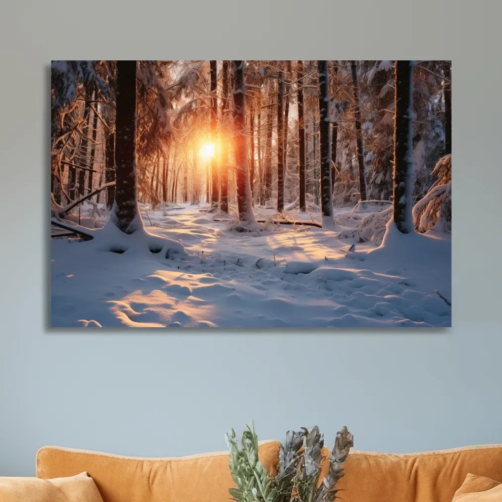 Snow covered forest at sunset, photograph