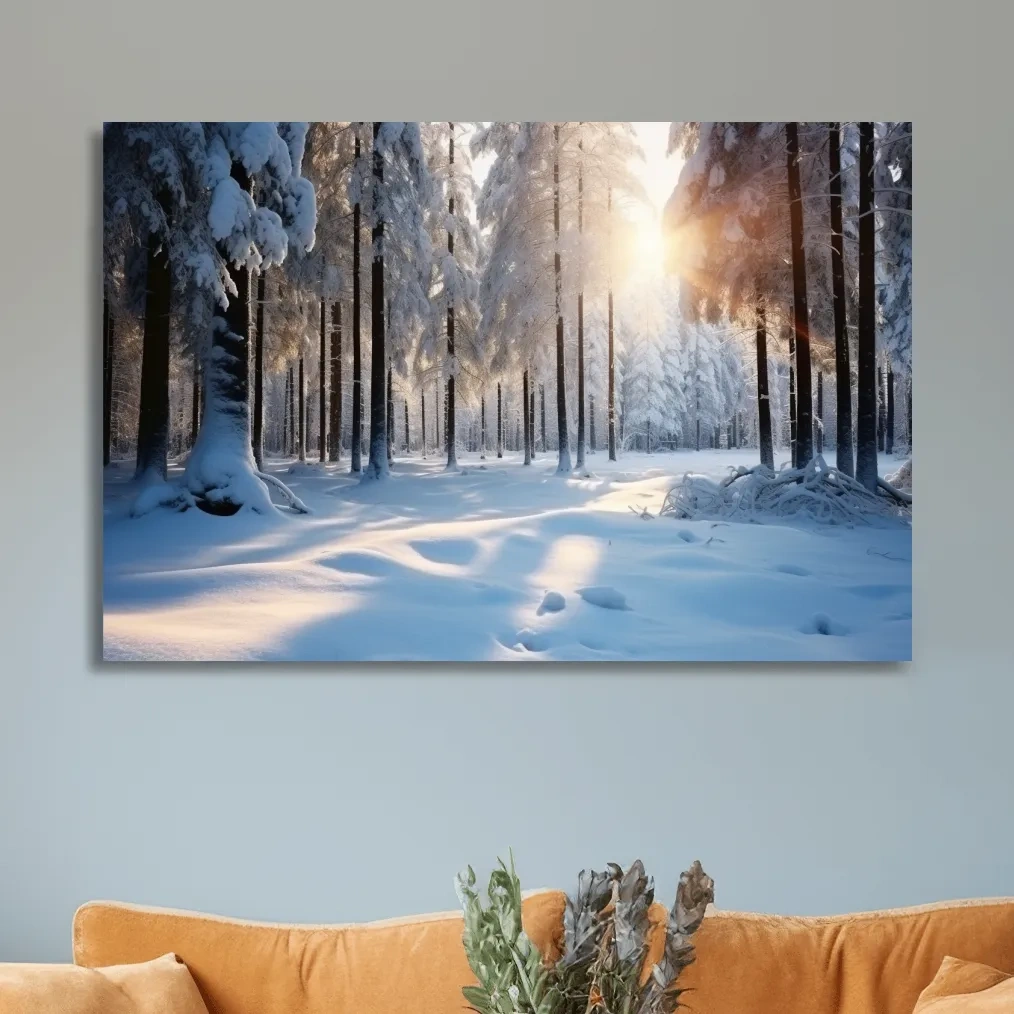 Sunlit Snowy Pine Forest Landscape - Serene Winter Nature Wall Art