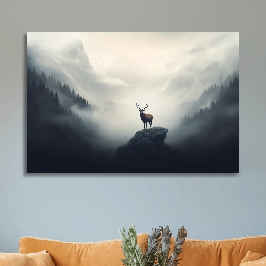 Painting of a majestic deer standing in the fog