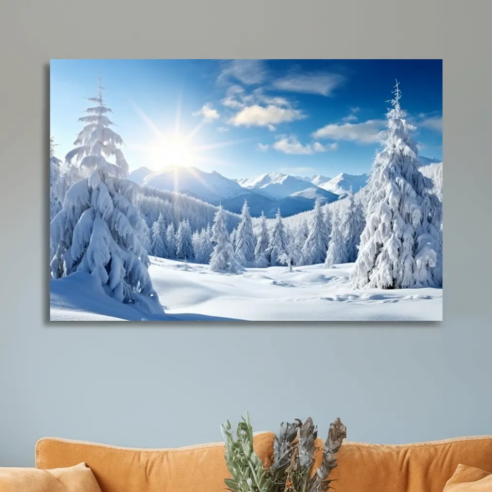 Photograph of a snow covered forest and a clear blue sunny sky
