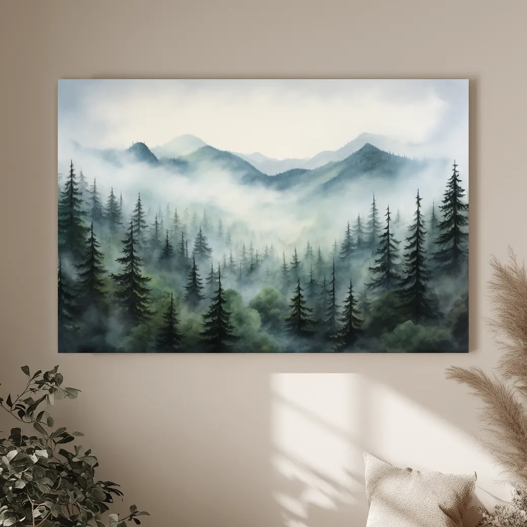 Misty Alpine Forest Painting - Foggy Mountain Landscape Art