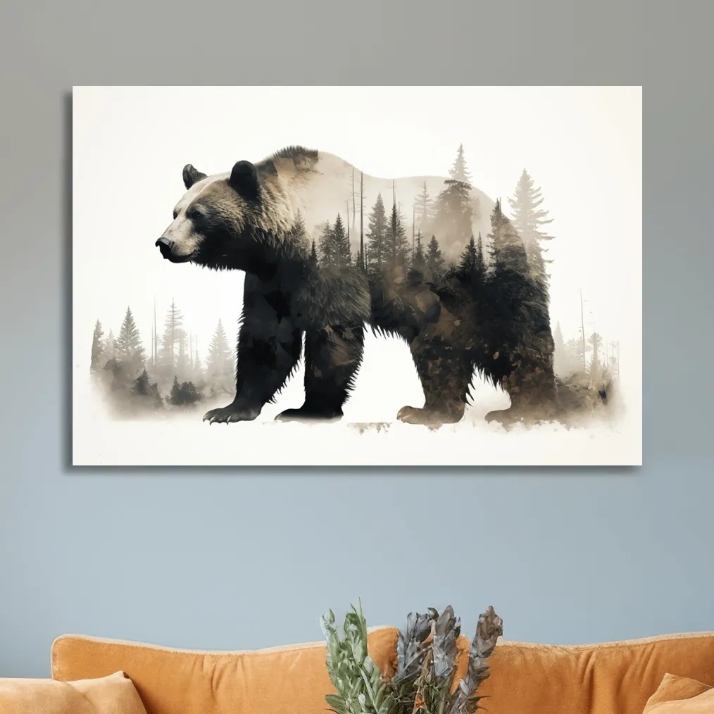Double exposure artwork, a grizzly bear and a forest