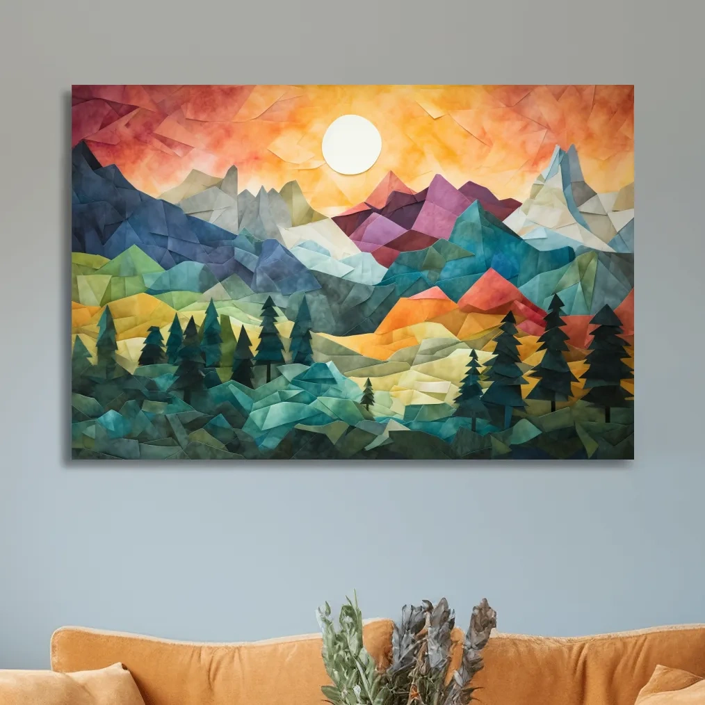 Abstract alpine mountain art at sunset, mixed media patchwork style
