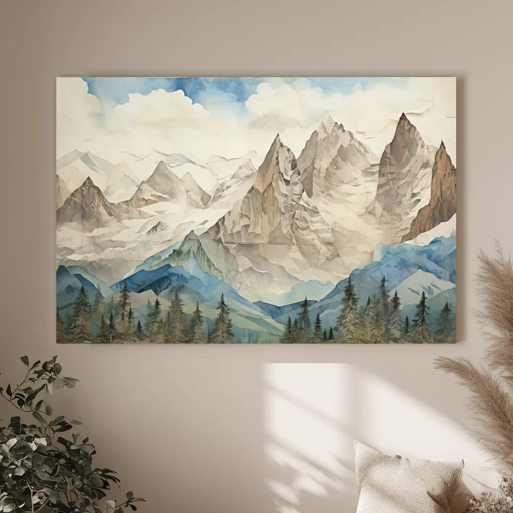 Misty Paper Cut-out Alpine Mountain Range - Serene Forest Landscape Wall Art