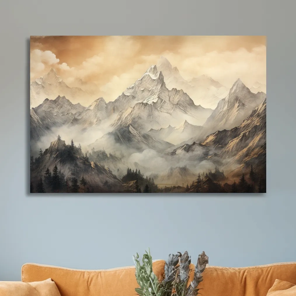 Alpine glacier scene at sunset, sketch style drawing artwork, high alpine landscape wall art