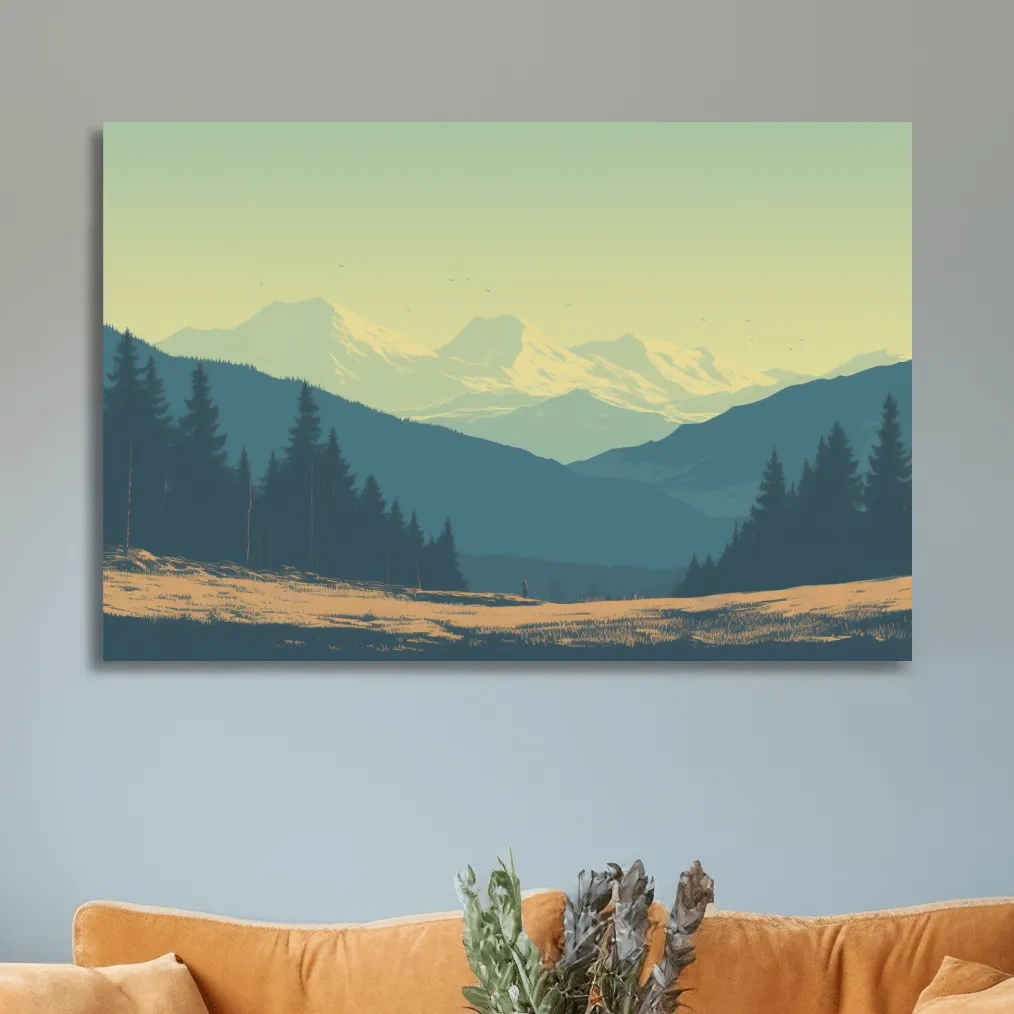 Pacific North West hazy glacier mountain scene, postcard style vector artwork