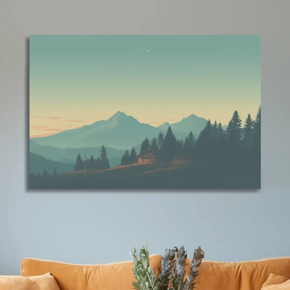 Mountain cabin in the hazy dusk, postcard style art