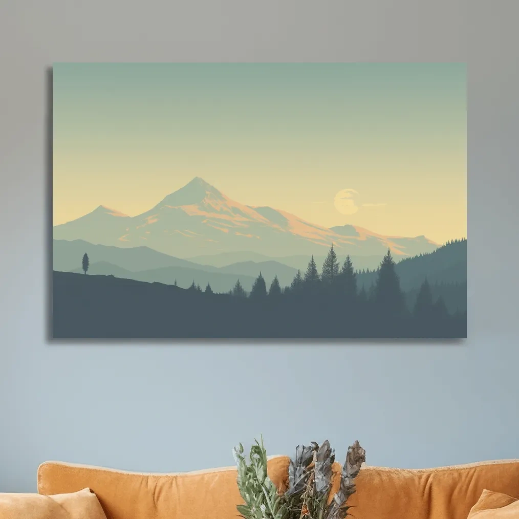 Dusk over the glacier, hazy forest silhouette vector illustration