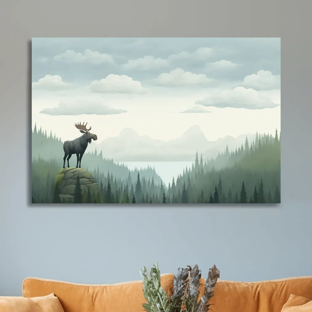 Majestic Moose Over Pine Forest - Nursery Wildlife Mountain Wall Art