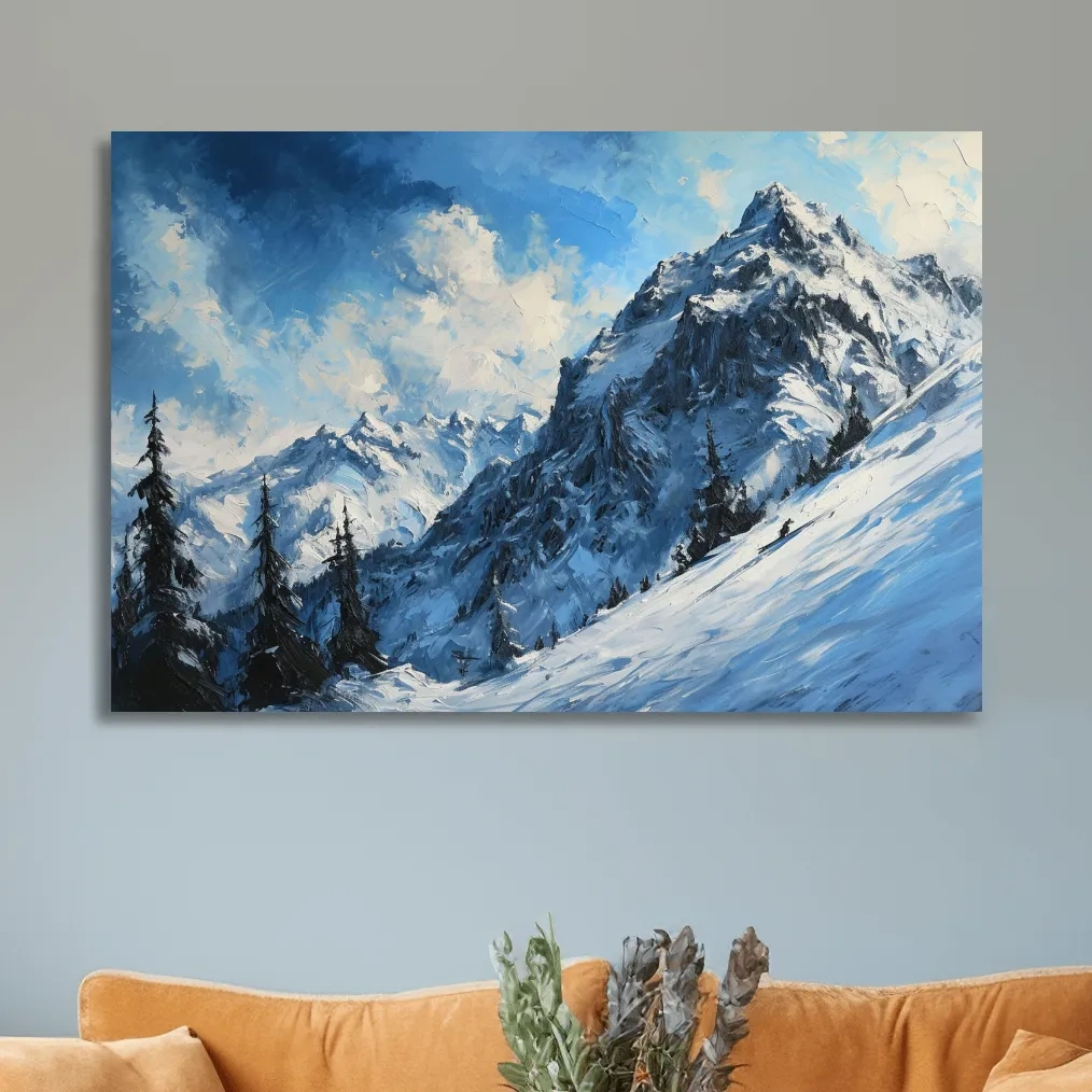 Textured oil painting of alpine snowy mountain