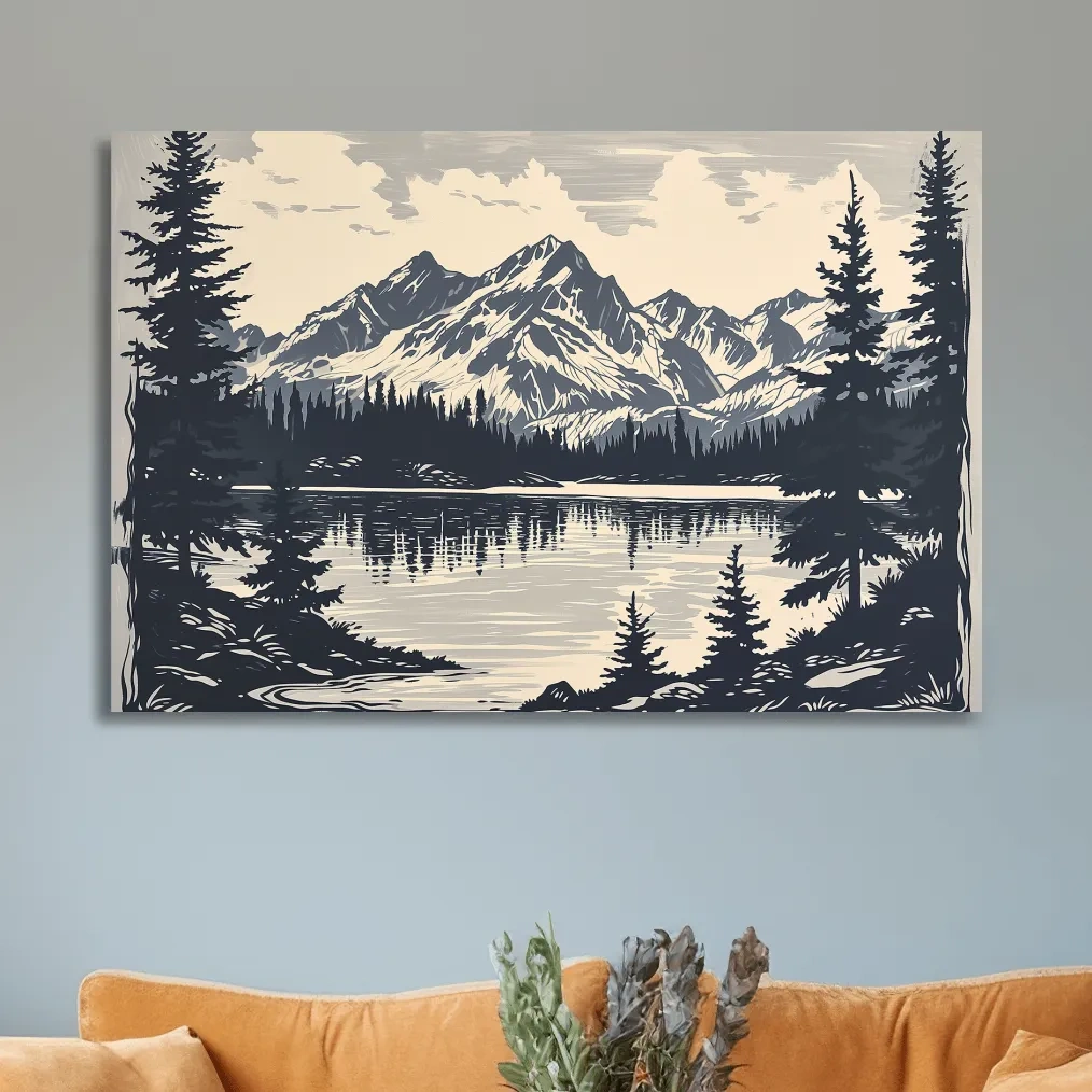 Alpine lake artwork, linocut style art